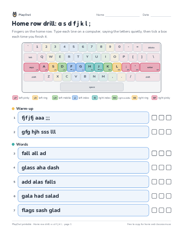 Home row drill: a s d f j k l ;: typing worksheet for Kindergarten, page 1 preview