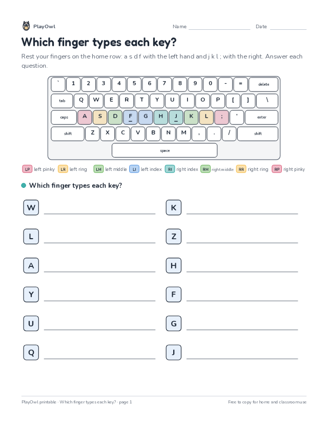 Which finger types each key?: typing worksheet for Kindergarten to Grade 2, page 1 preview