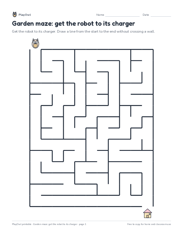 Garden maze: get the robot to its charger: maze for Kindergarten, page 1 preview