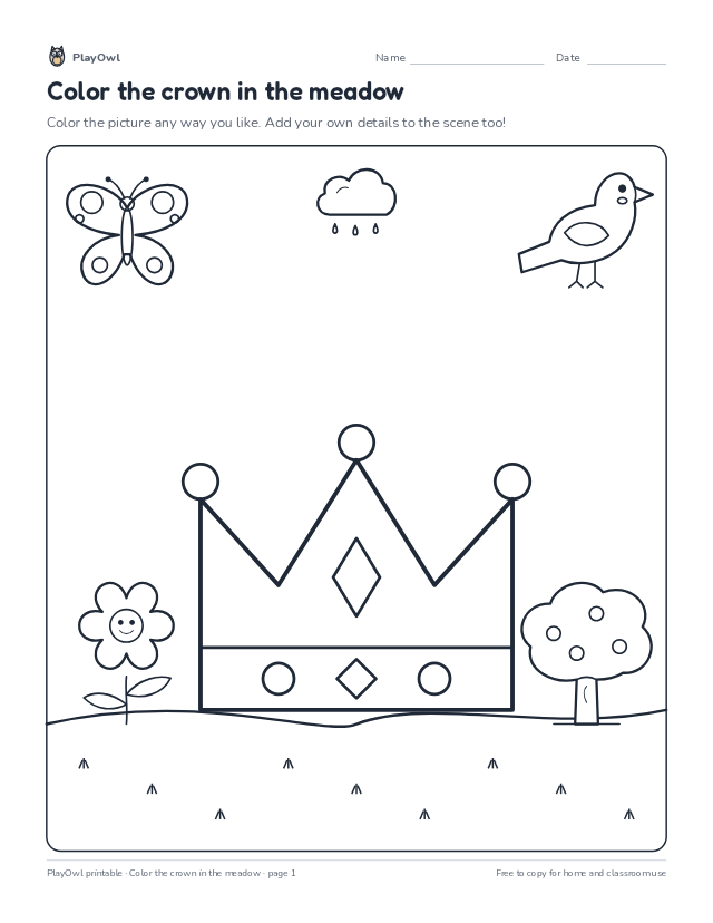 Color the crown in the meadow: coloring page for Kindergarten, page 1 preview