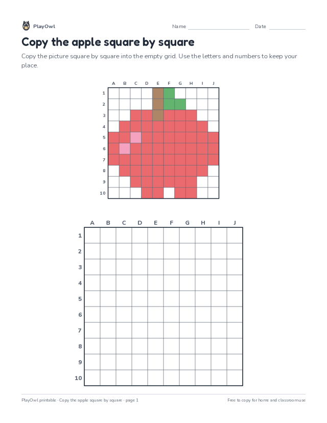 Copy the apple square by square: grid drawing worksheet for Kindergarten to Grade 2, page 1 preview