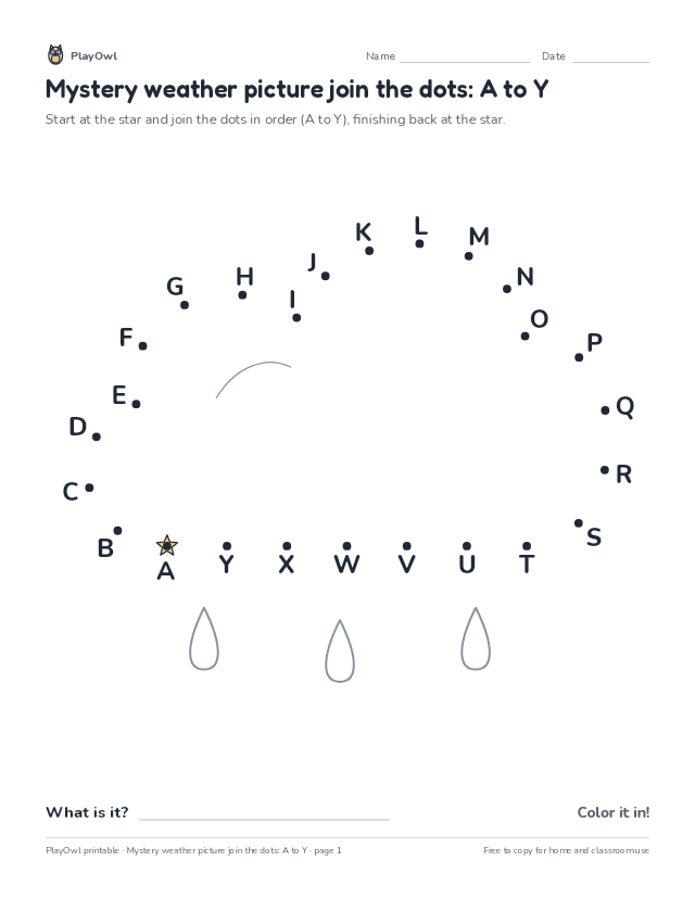 Mystery weather picture join the dots: A to Y: dot-to-dot for Kindergarten, page 1 preview