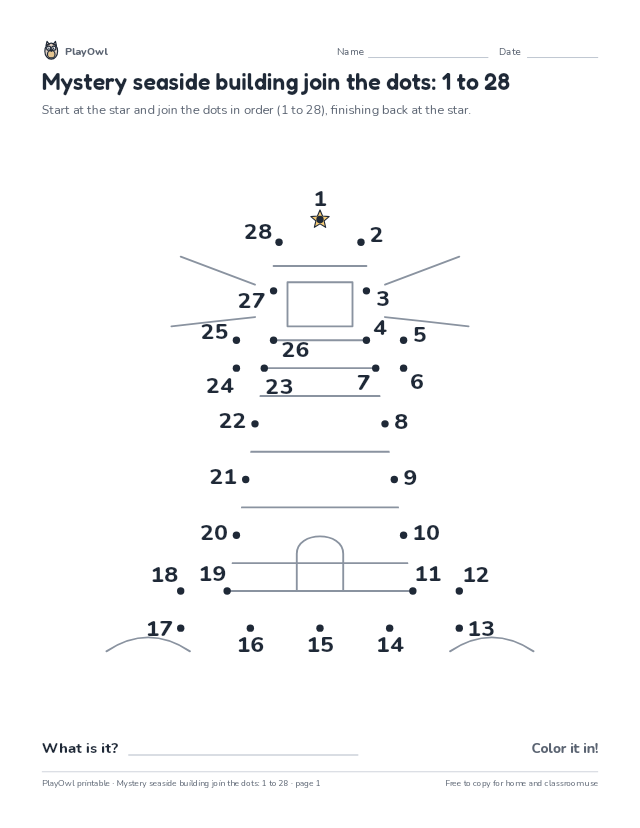 Mystery seaside building join the dots: 1 to 28: dot-to-dot for Kindergarten, page 1 preview