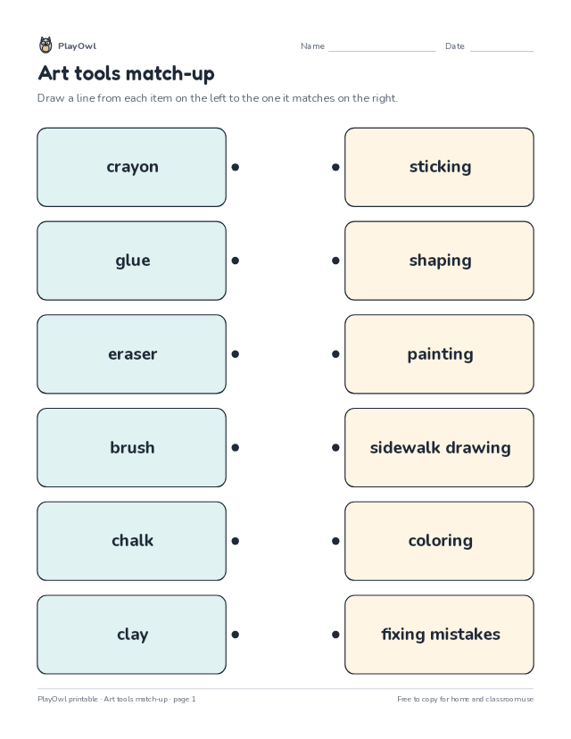 Art tools match-up: matching worksheet for Kindergarten, page 1 preview