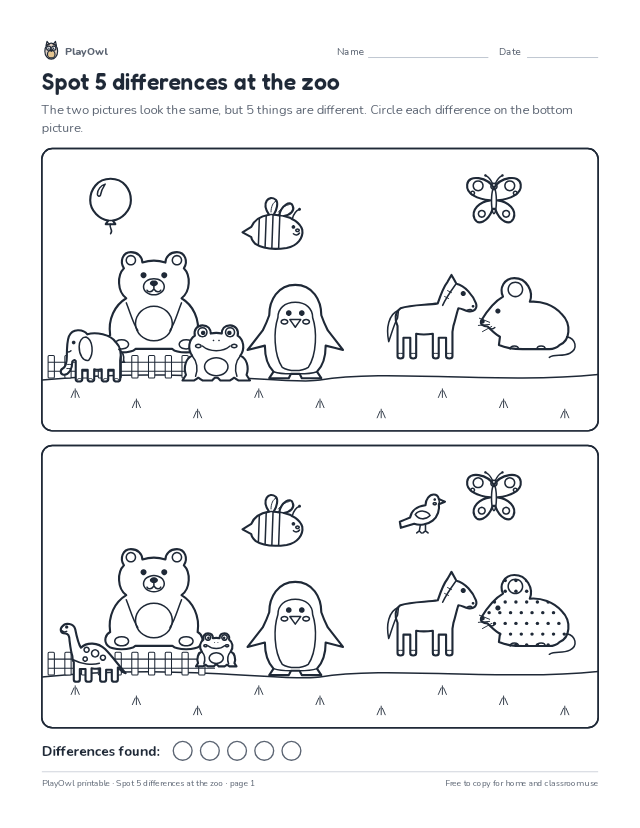 Spot 5 differences at the zoo: spot the difference puzzle for Kindergarten, page 1 preview