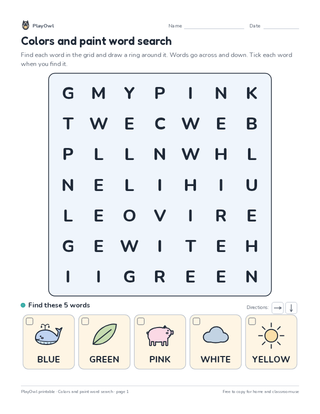 Colors and paint word search: word search for Kindergarten, page 1 preview