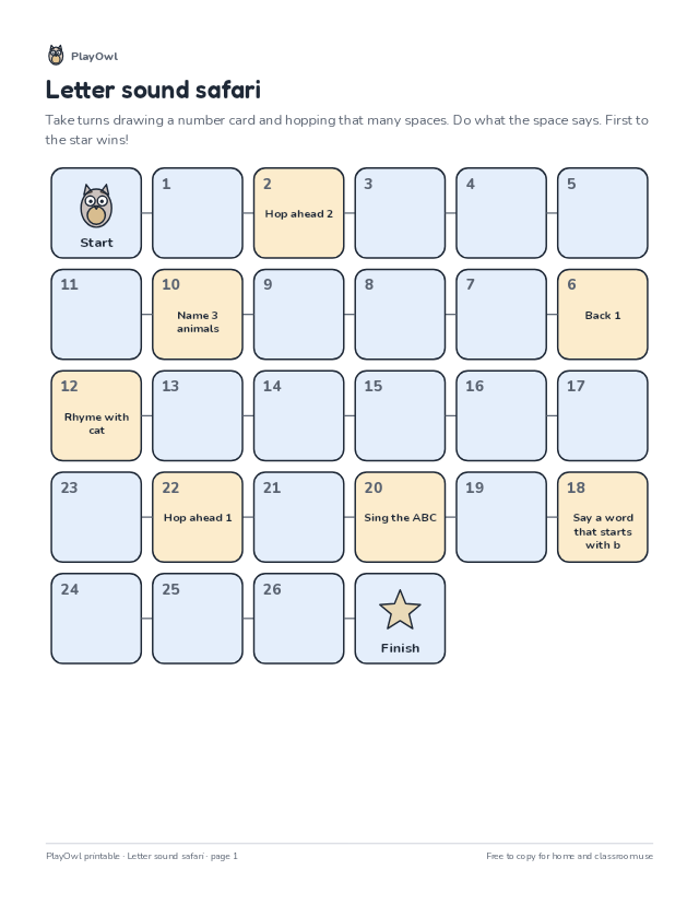 Letter sound safari: printable board game for Kindergarten, page 1 preview