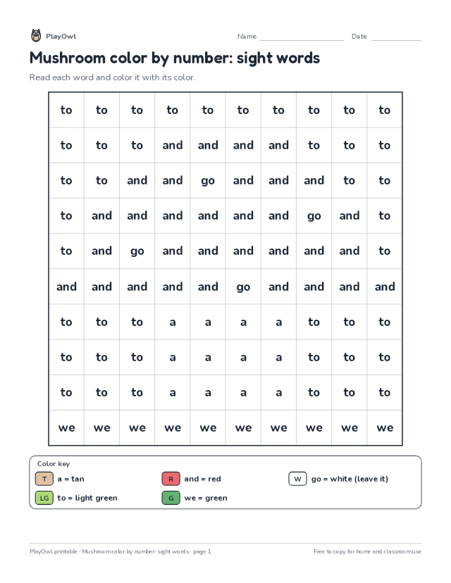 Mushroom color by number: sight words: color-by-number page for Kindergarten to Grade 1, page 1 preview