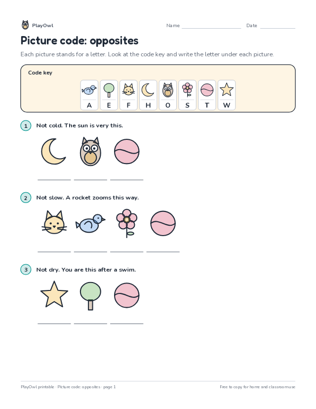 Picture code: opposites: secret code puzzle for Kindergarten, page 1 preview