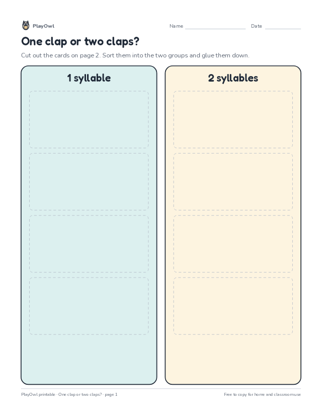 One clap or two claps?: cut-and-sort worksheet for Kindergarten to Grade 2, page 1 preview