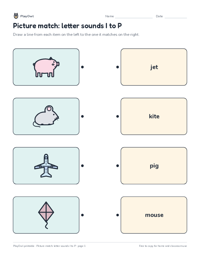 Picture match: letter sounds I to P: matching worksheet for Kindergarten, page 1 preview