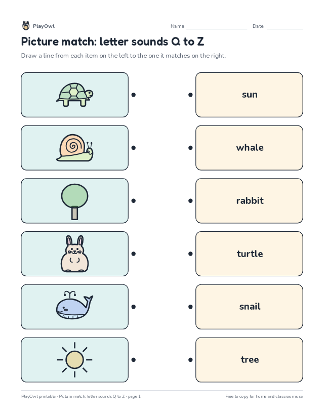 Picture match: letter sounds Q to Z: matching worksheet for Kindergarten, page 1 preview