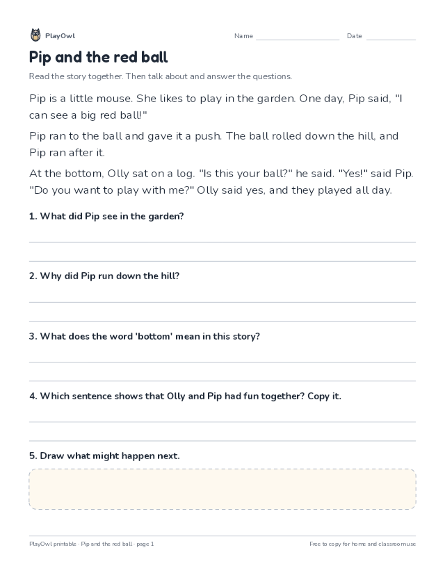 Pip and the red ball: reading passage for Kindergarten, page 1 preview