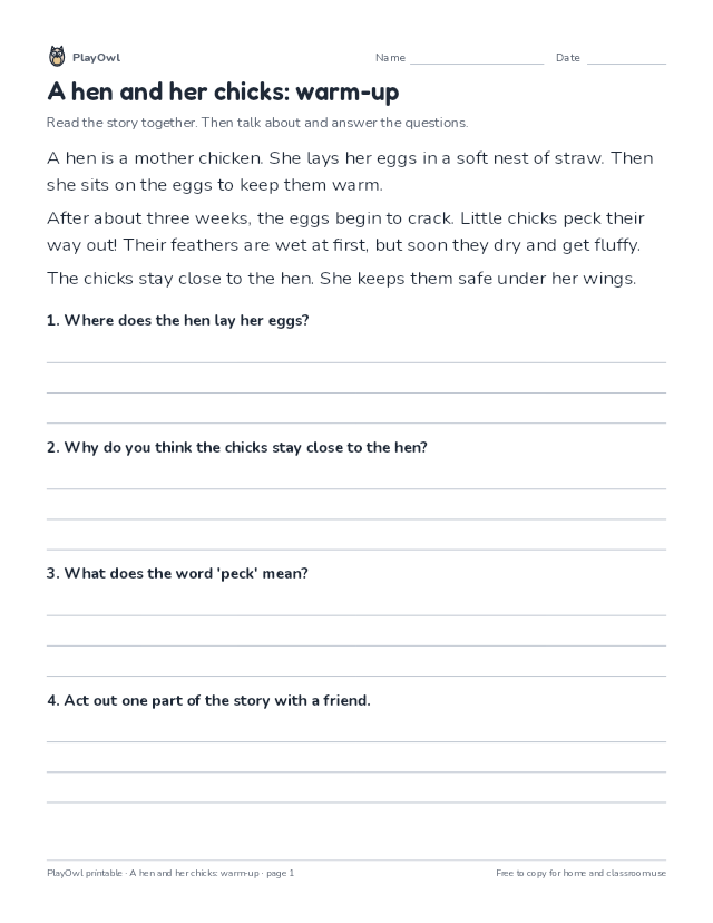 A hen and her chicks: warm-up: reading passage for Kindergarten, page 1 preview