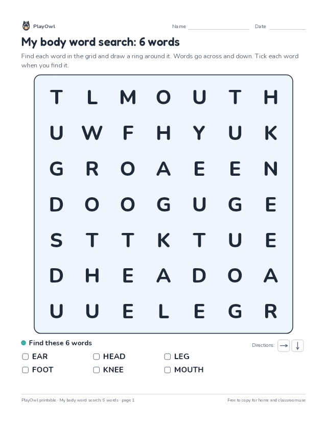 My body word search: 6 words: word search for Kindergarten, page 1 preview