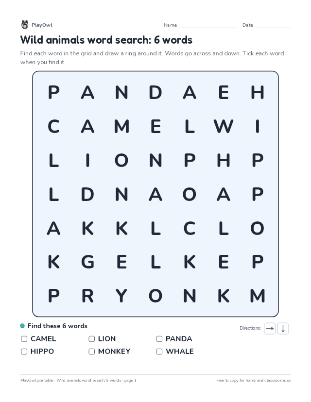Wild animals word search: 6 words: word search for Kindergarten, page 1 preview