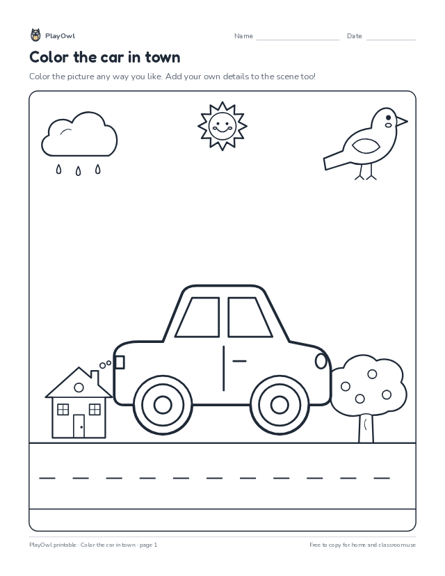 Color the car in town: coloring page for Kindergarten, page 1 preview