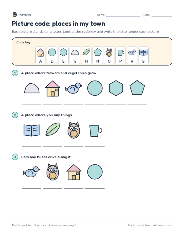 Picture code: places in my town: secret code puzzle for Kindergarten, page 1 preview