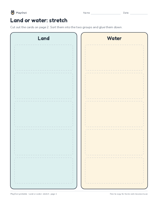 Land or water: stretch: cut-and-sort worksheet for Kindergarten to Grade 3, page 1 preview