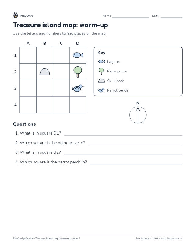 Treasure island map: warm-up: map worksheet for Kindergarten to Grade 2, page 1 preview