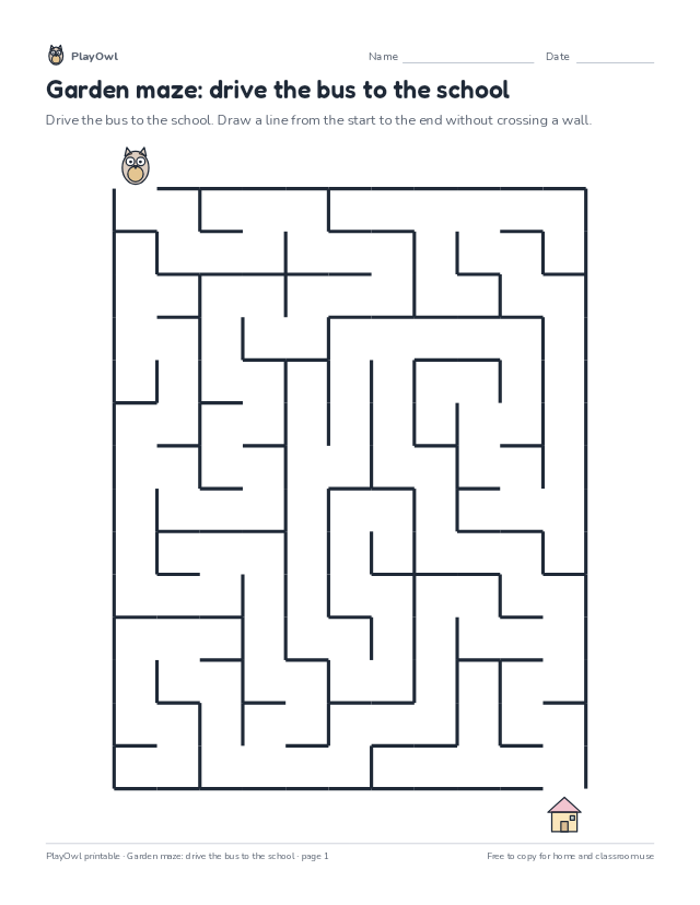Garden maze: drive the bus to the school: maze for Kindergarten, page 1 preview