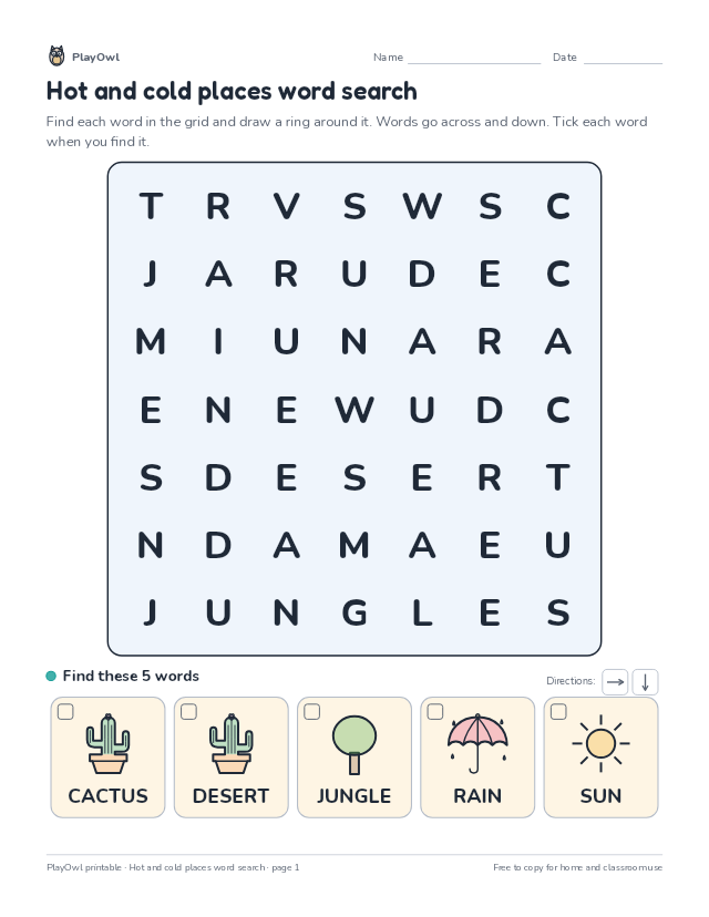 Hot and cold places word search: word search for Kindergarten, page 1 preview