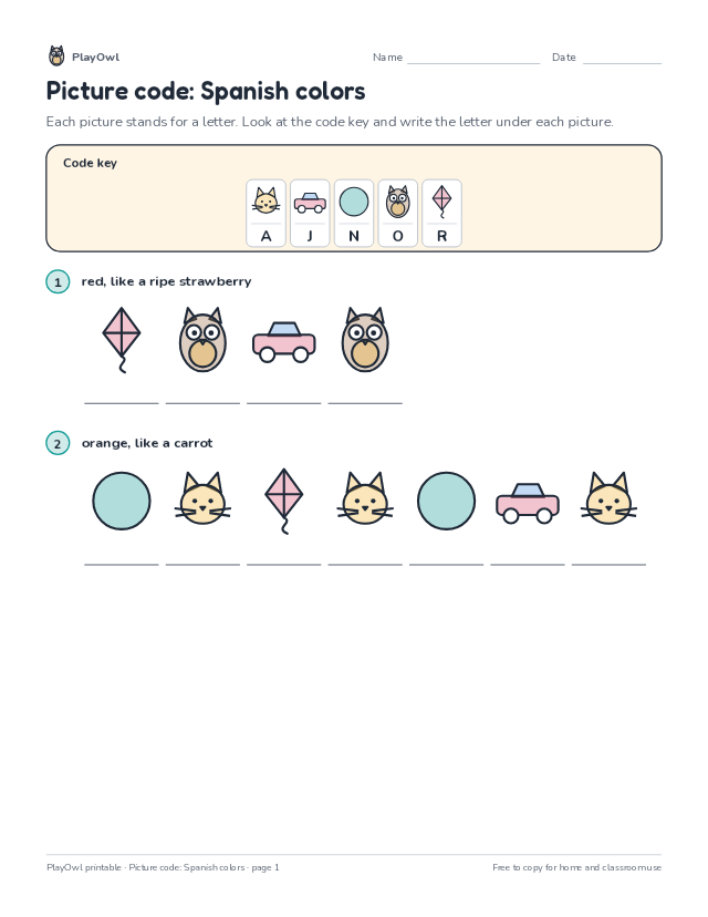 Picture code: Spanish colors: secret code puzzle for Kindergarten, page 1 preview