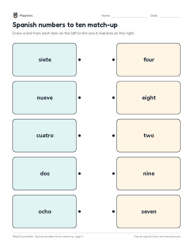Spanish numbers to ten match-up: matching worksheet for Kindergarten, page 1 preview