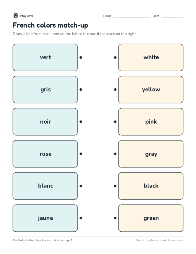 French colors match-up: matching worksheet for Kindergarten, page 1 preview