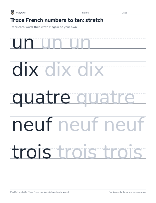 Trace French numbers to ten: stretch: tracing worksheet for Kindergarten, page 1 preview