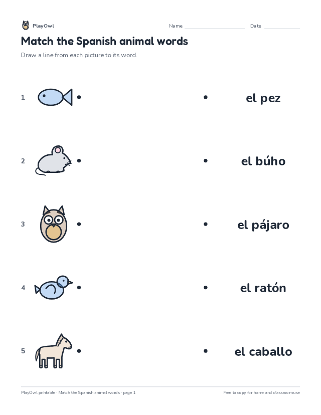Match the Spanish animal words: vocabulary worksheet for Kindergarten, page 1 preview