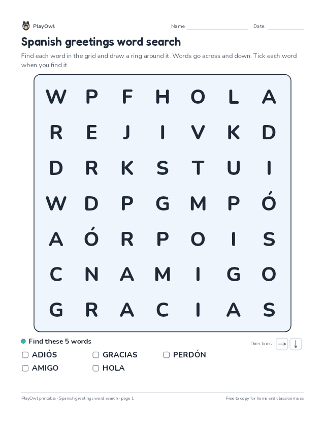 Spanish greetings word search: word search for Kindergarten, page 1 preview