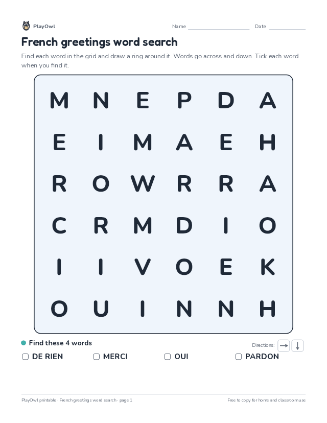 French greetings word search: word search for Kindergarten, page 1 preview