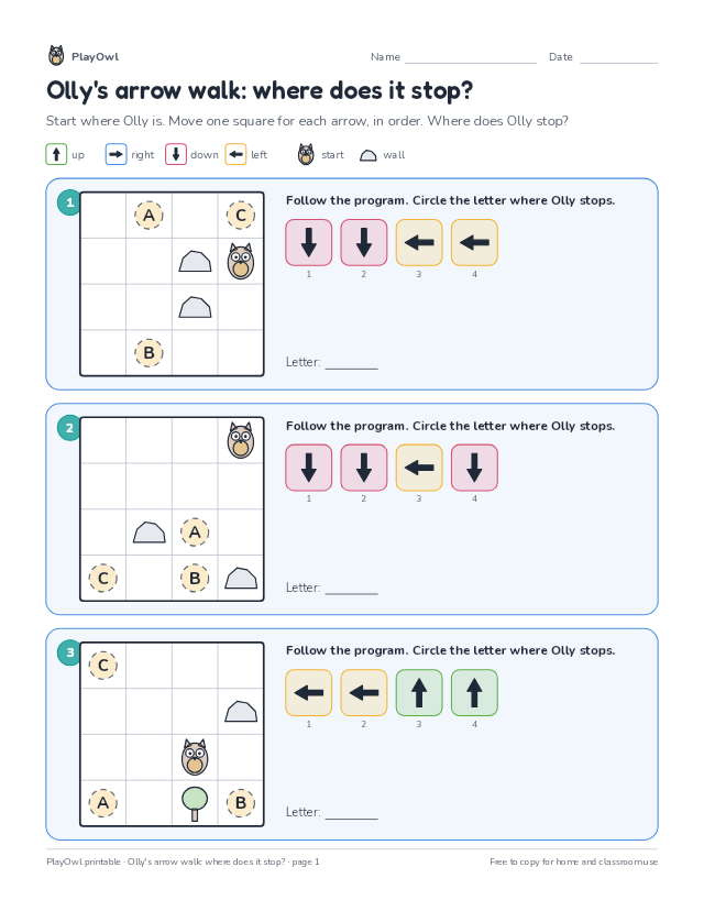 Olly's arrow walk: where does it stop?: coding puzzle for Kindergarten, page 1 preview