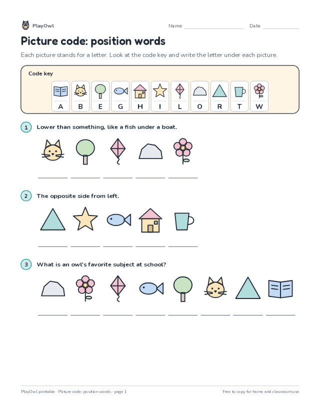 Picture code: position words: secret code puzzle for Kindergarten, page 1 preview