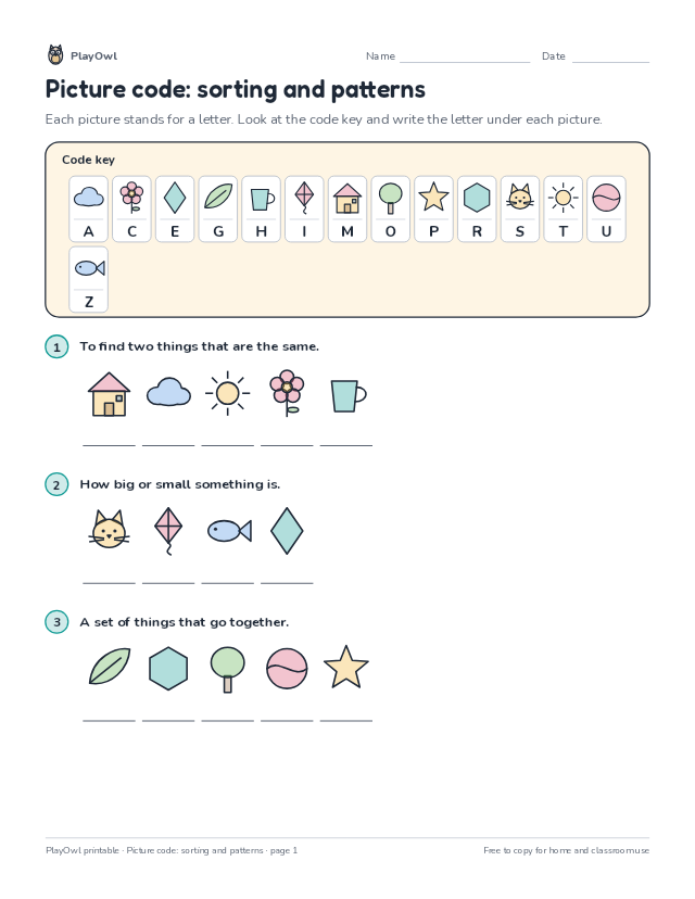 Picture code: sorting and patterns: secret code puzzle for Kindergarten, page 1 preview