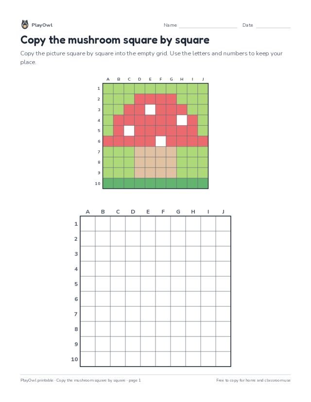 Copy the mushroom square by square: grid drawing worksheet for Kindergarten, page 1 preview
