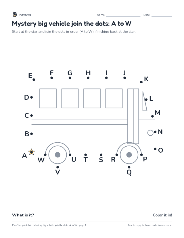 Mystery big vehicle join the dots: A to W: dot-to-dot for Kindergarten, page 1 preview