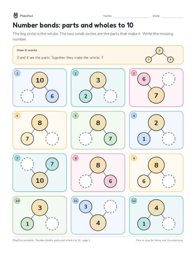 Number bonds: parts and wholes to 10: math puzzle for Kindergarten, page 1 preview