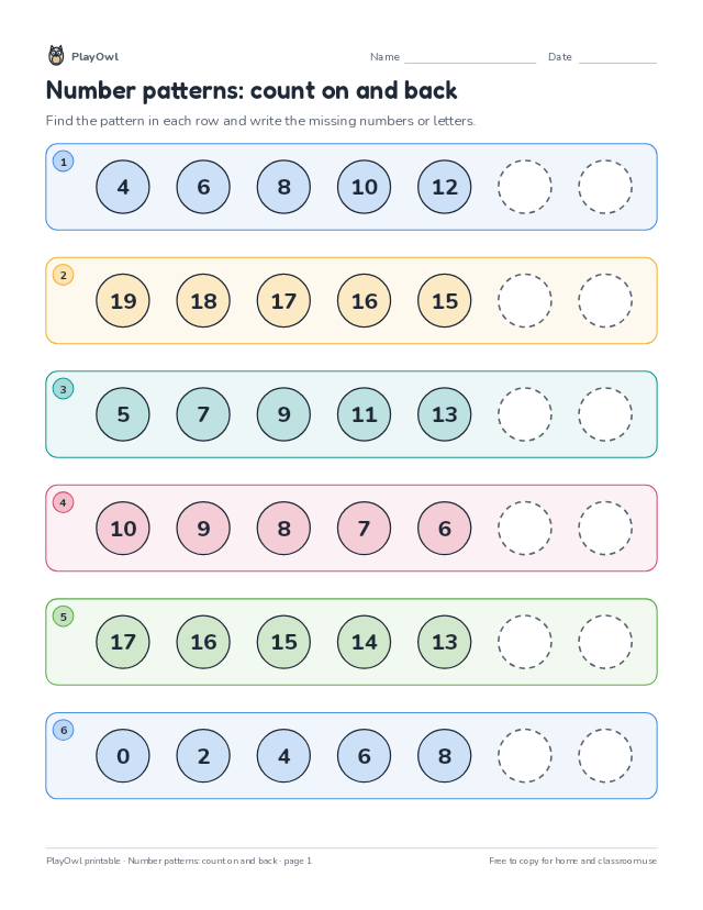 Number patterns: count on and back: pattern puzzle for Kindergarten, page 1 preview
