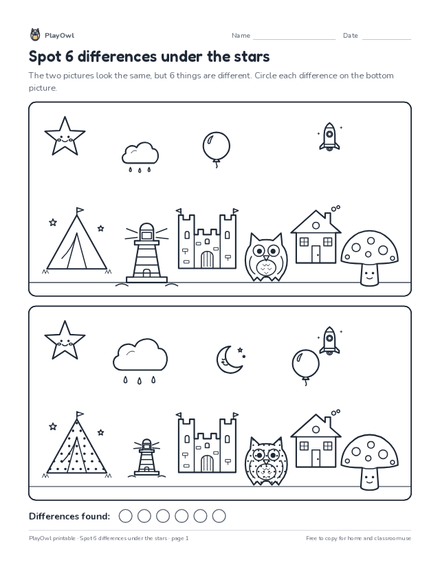 Spot 6 differences under the stars: spot the difference puzzle for Kindergarten, page 1 preview