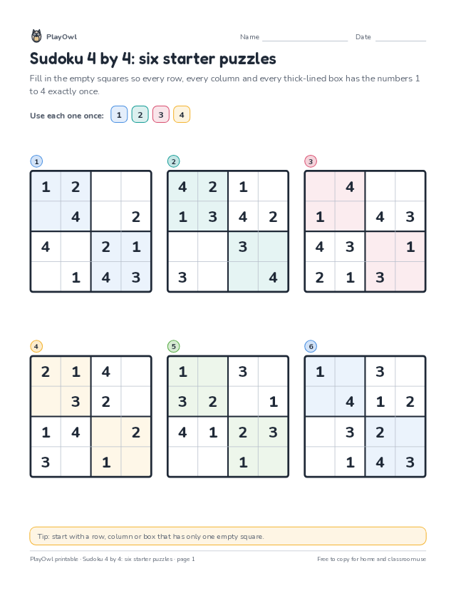 Sudoku 4 by 4: six starter puzzles: sudoku puzzle for Kindergarten to Grade 1, page 1 preview