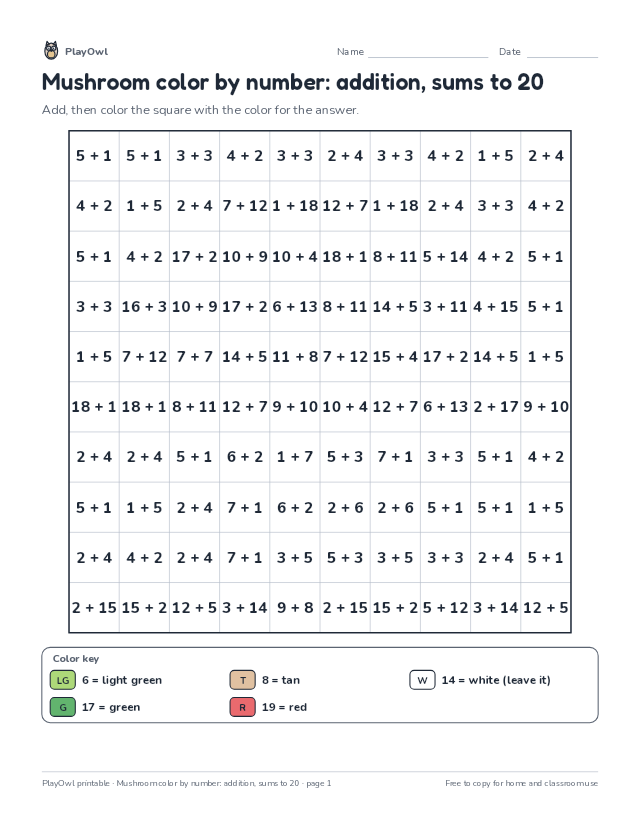 Mushroom color by number: addition, sums to 20: color-by-number page for Kindergarten to Grade 1, page 1 preview