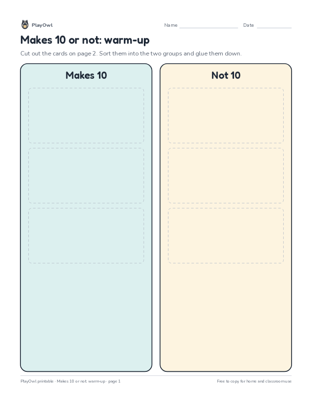 Makes 10 or not: warm-up: cut-and-sort worksheet for Kindergarten to Grade 1, page 1 preview
