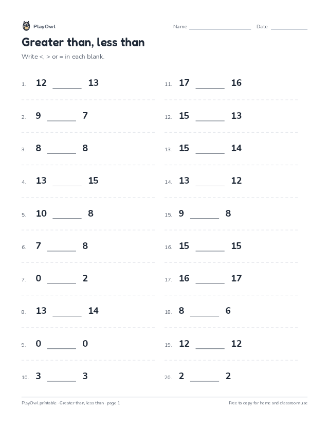 Greater than, less than: math worksheet for Kindergarten, page 1 preview