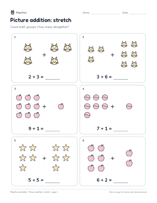 Picture addition: stretch: math worksheet for Kindergarten, page 1 preview