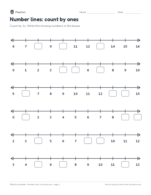 Number lines: count by ones: math worksheet for Kindergarten, page 1 preview