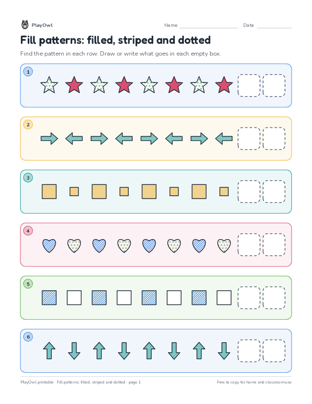Fill patterns: filled, striped and dotted: math pattern worksheet for Kindergarten, page 1 preview