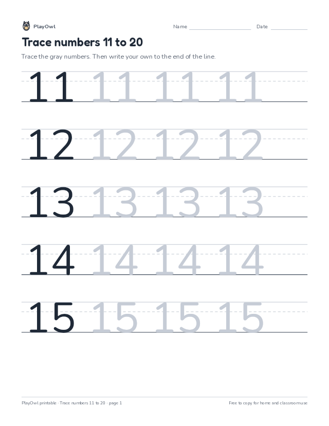 Trace numbers 11 to 20: tracing worksheet for Kindergarten, page 1 preview