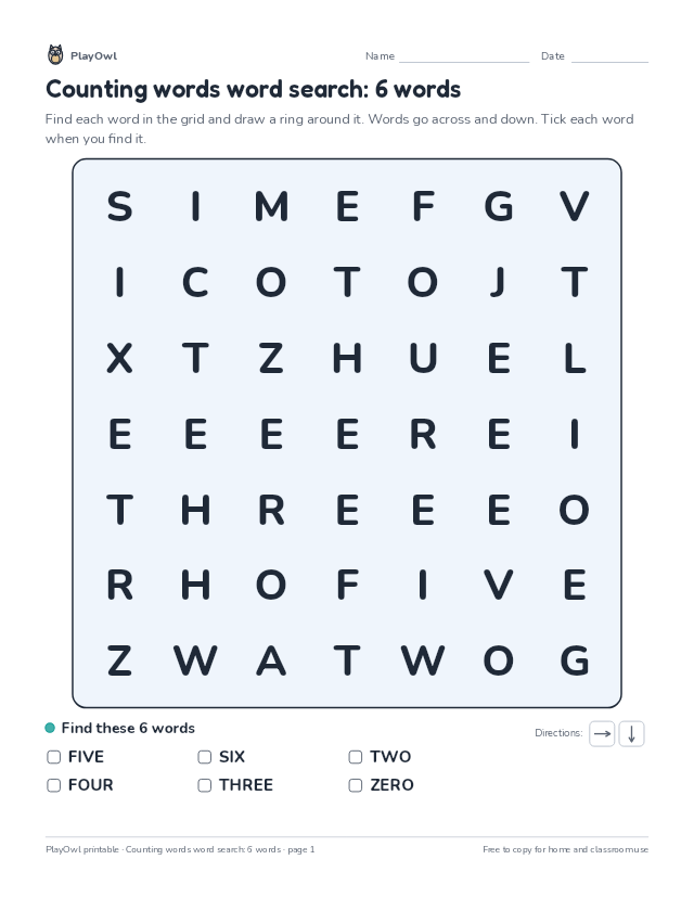 Counting words word search: 6 words: word search for Kindergarten, page 1 preview